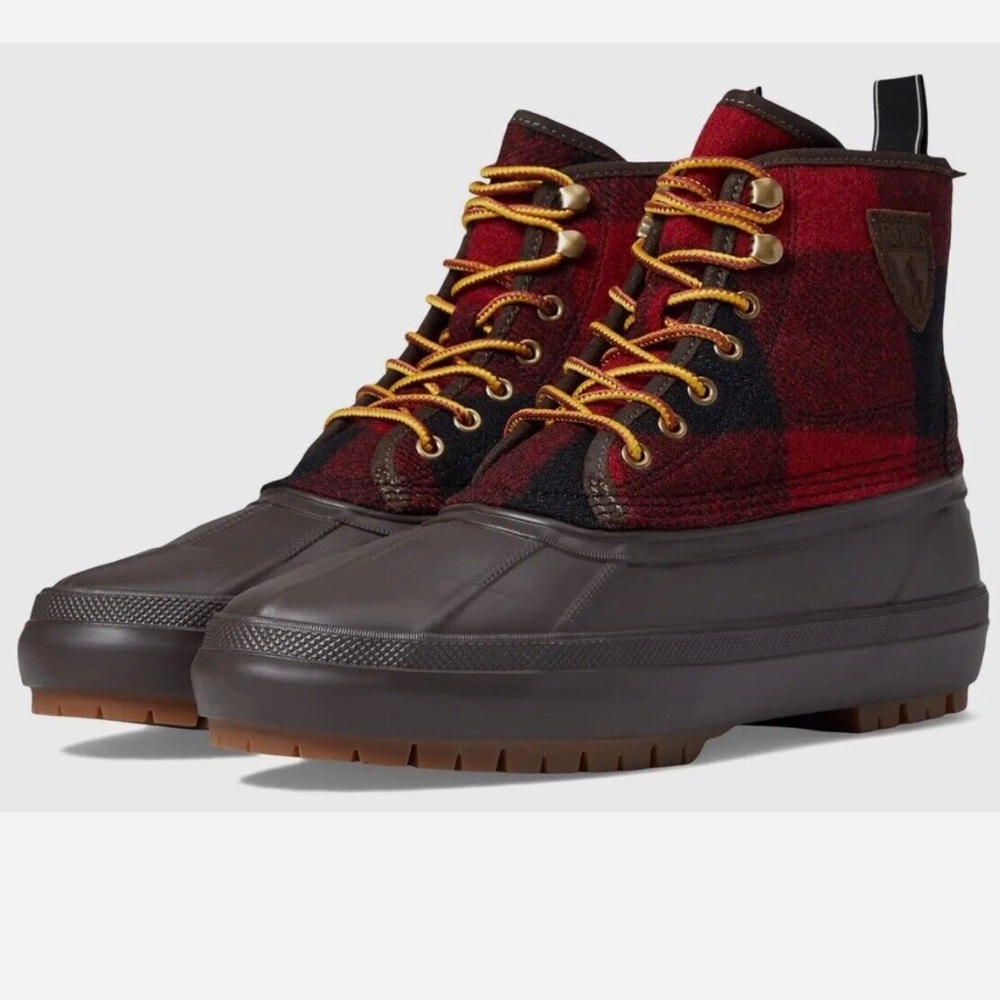 Men’s Polo Ralph Lauren Claus Leather Rob Royal Boots Red Plaid Flannel Size 8 m